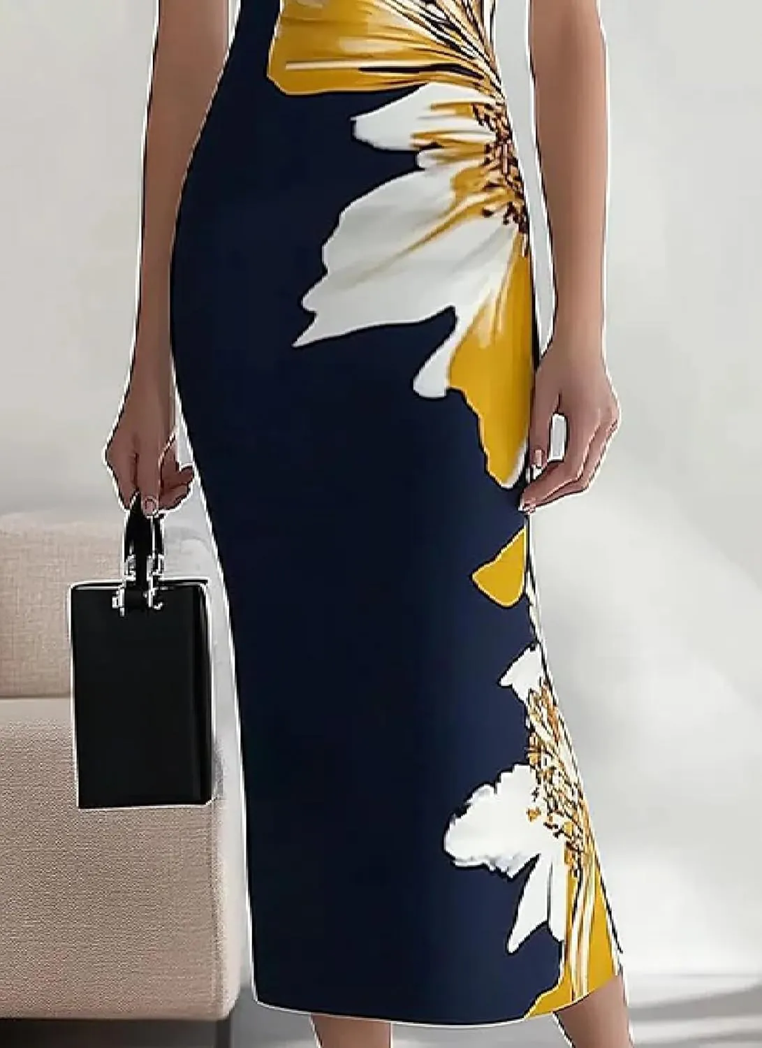 Women's Summer Floral Print V-Neck Sleeveless Maxi Dress Slim Fit Formal Evening Bodycon Wrap Cocktail Party Dress