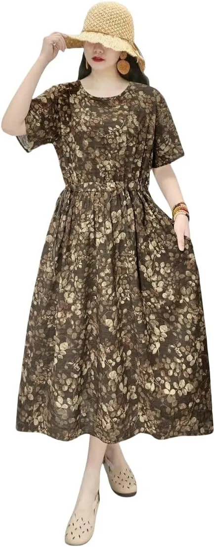 Women's Summer Loose Pocket Dress Retro Literary High Waist for Casual Daily Art