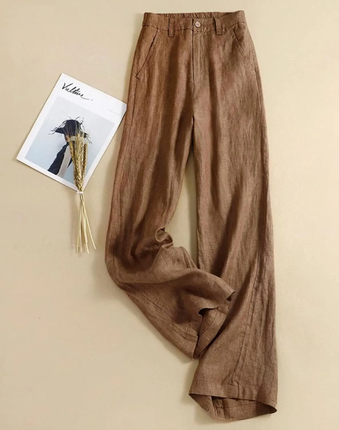 Women's Wide Leg Linen Palazzo Pants Elastic High Waist with Pocket for Work&Daily
