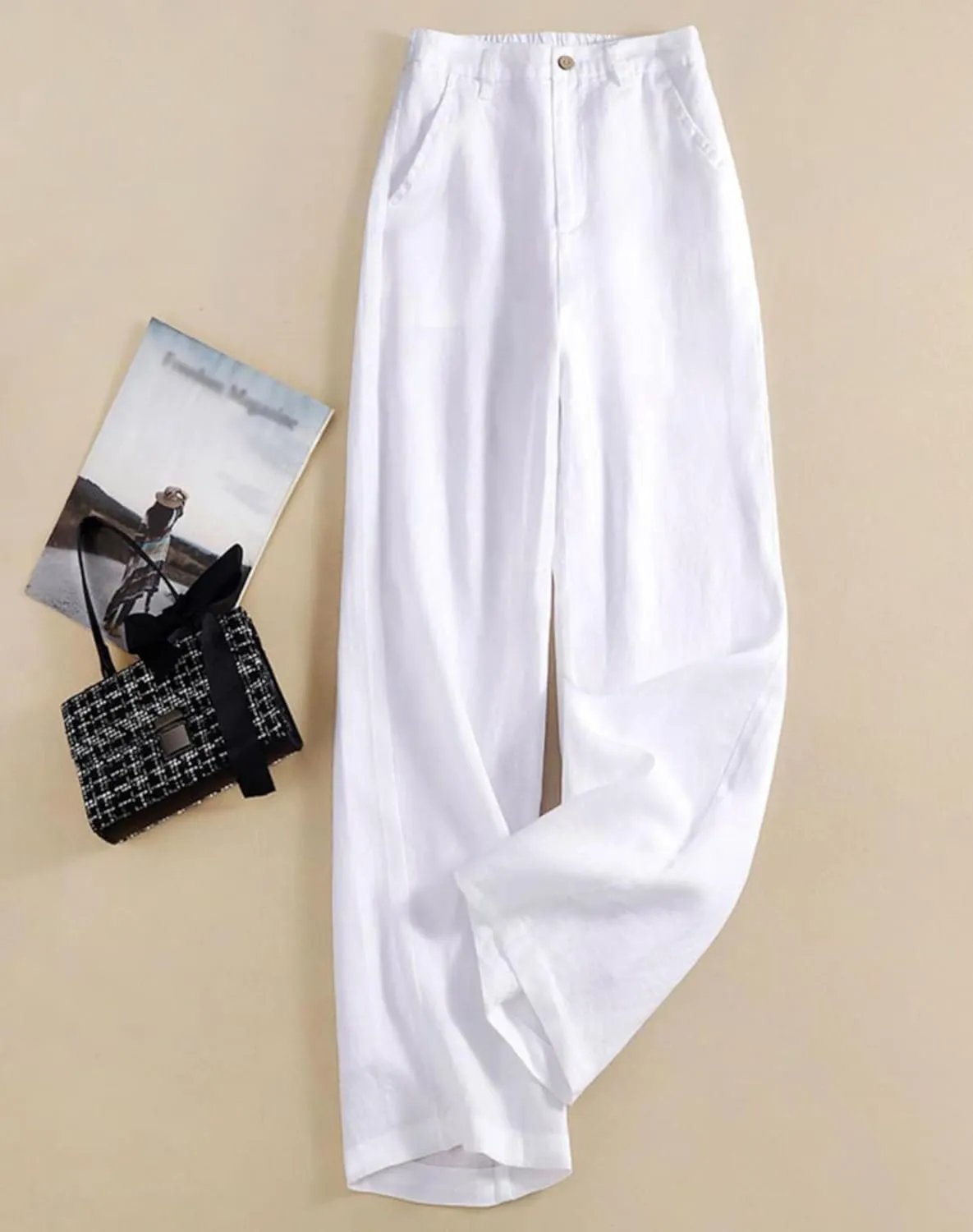 Women's Wide Leg Linen Palazzo Pants Elastic High Waist with Pocket for Work&Daily