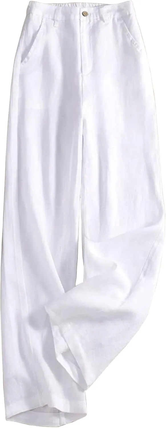 Women's Wide Leg Linen Palazzo Pants Elastic High Waist with Pocket for Work&Daily