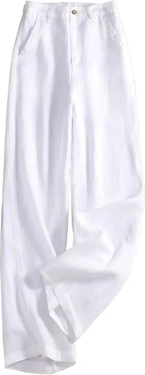 Women's Wide Leg Linen Palazzo Pants Elastic High Waist with Pocket for Work&Daily