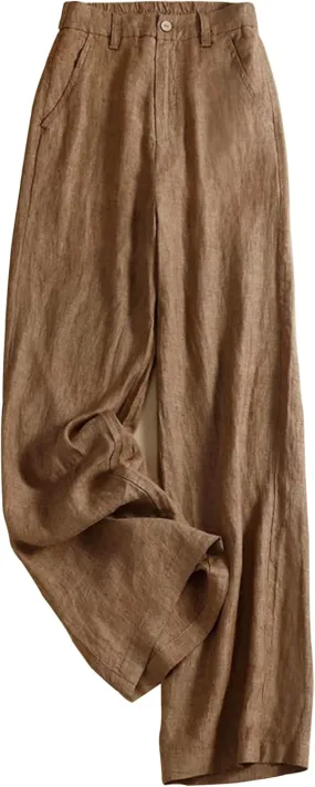 Women's Wide Leg Linen Palazzo Pants Elastic High Waist with Pocket for Work&Daily