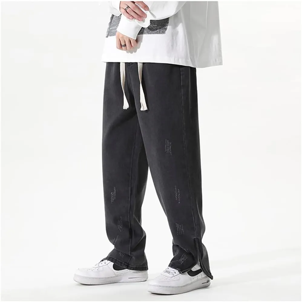 XYGJZ Mens Fashion Relaxed Fit Jeans Loose Straight Zipper Bottom Denim Pants