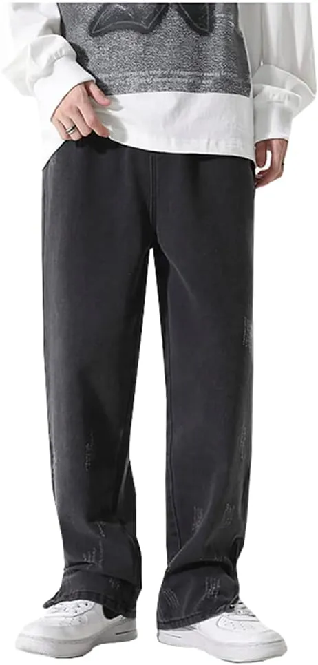 XYGJZ Mens Fashion Relaxed Fit Jeans Loose Straight Zipper Bottom Denim Pants