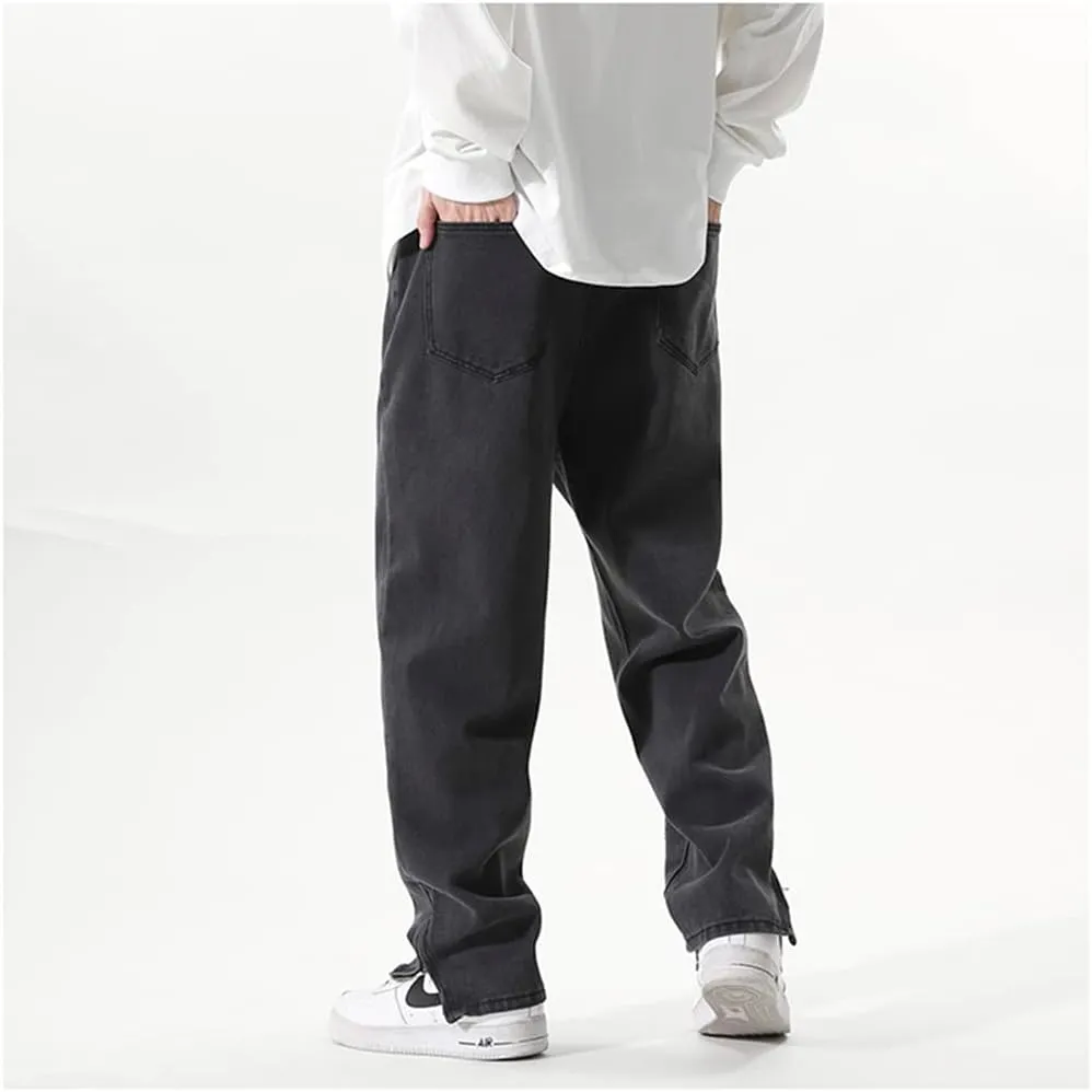 XYGJZ Mens Fashion Relaxed Fit Jeans Loose Straight Zipper Bottom Denim Pants